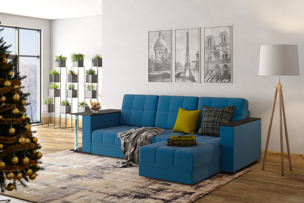 Диван-кровать угловой Атлант со столиком велюр синий со спальным местом (сборка на любую сторону)