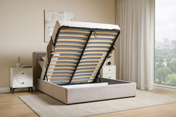 Кровать Марион 160 велюр OCEAN 005 темно-бежевый с ортопедическим основанием и подъемным механизмом (спальное место 160 х 200)