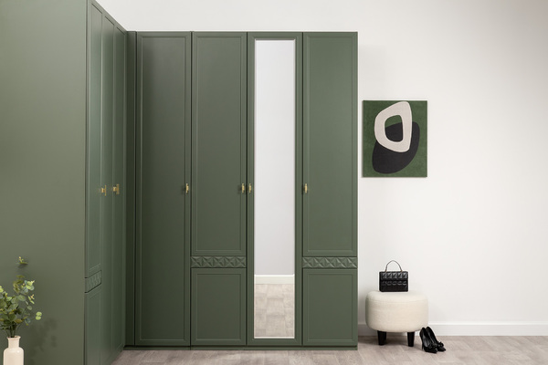 Шкаф для одежды Марион 16.340.03 дымчатый зеленый K521, олива шагрень AG 1050 ПВХ (собирается на любую сторону)