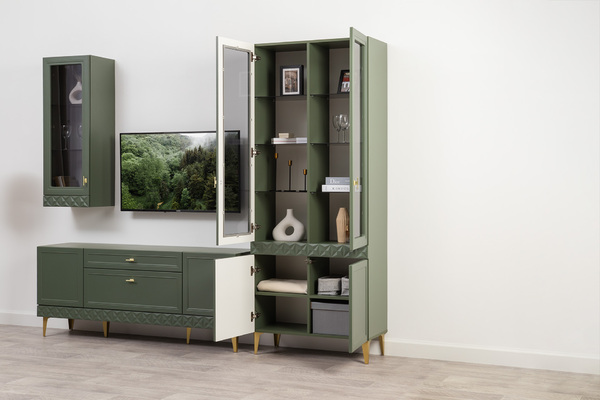 Гостиная Марион композиция 2 дымчатый зеленый K521, олива шагрень AG 1050 ПВХ, белый PE шагрень (собирается на любую сторону)