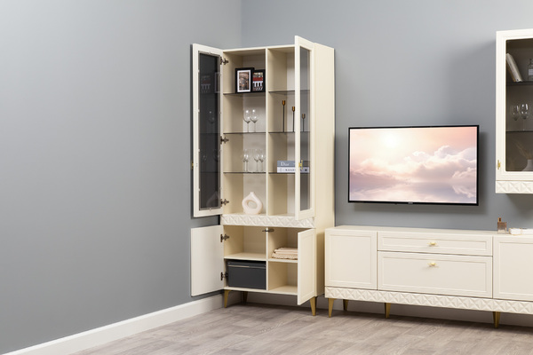 Гостиная Марион композиция 1 слоновая кость С341 PE, слоновая кость 6898 ПВХ, белый PE шагрень (собирается на любую сторону)