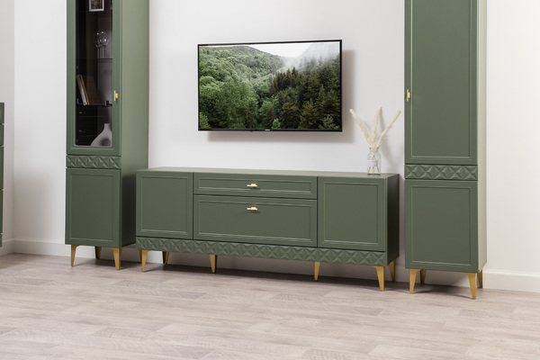 Гостиная Марион композиция 1 дымчатый зеленый K521, олива шагрень AG 1050 ПВХ, белый PE шагрень (собирается на любую сторону)