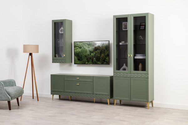 Гостиная Марион композиция 1 дымчатый зеленый K521, олива шагрень AG 1050 ПВХ, белый PE шагрень (собирается на любую сторону)