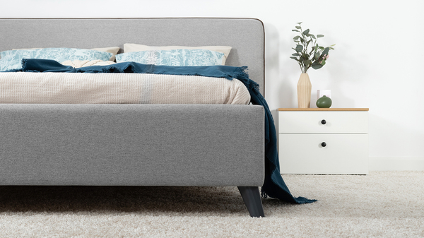 Кровать Миа 180 рогожка серый, кант желтовато-коричневый с ортопедическим основанием и подъемным механизмом