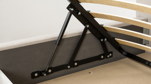 Кровать Миа 160 рогожка светло-бежевый, кант желтовато-коричневый с ортопедическим основанием и подъемным механизмом