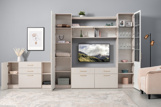 Гостиная Ричфорд композиция 2 без карнизов, кашемир 5981 BS, моно керамика D166-2 ПВХ, белый PE шагрень (собирается на любую сторону)