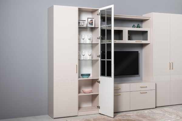 Гостиная Ричфорд композиция 1 с карнизами, кашемир 5981 BS, моно керамика D166-2 ПВХ, белый PE шагрень (собирается на любую сторону)